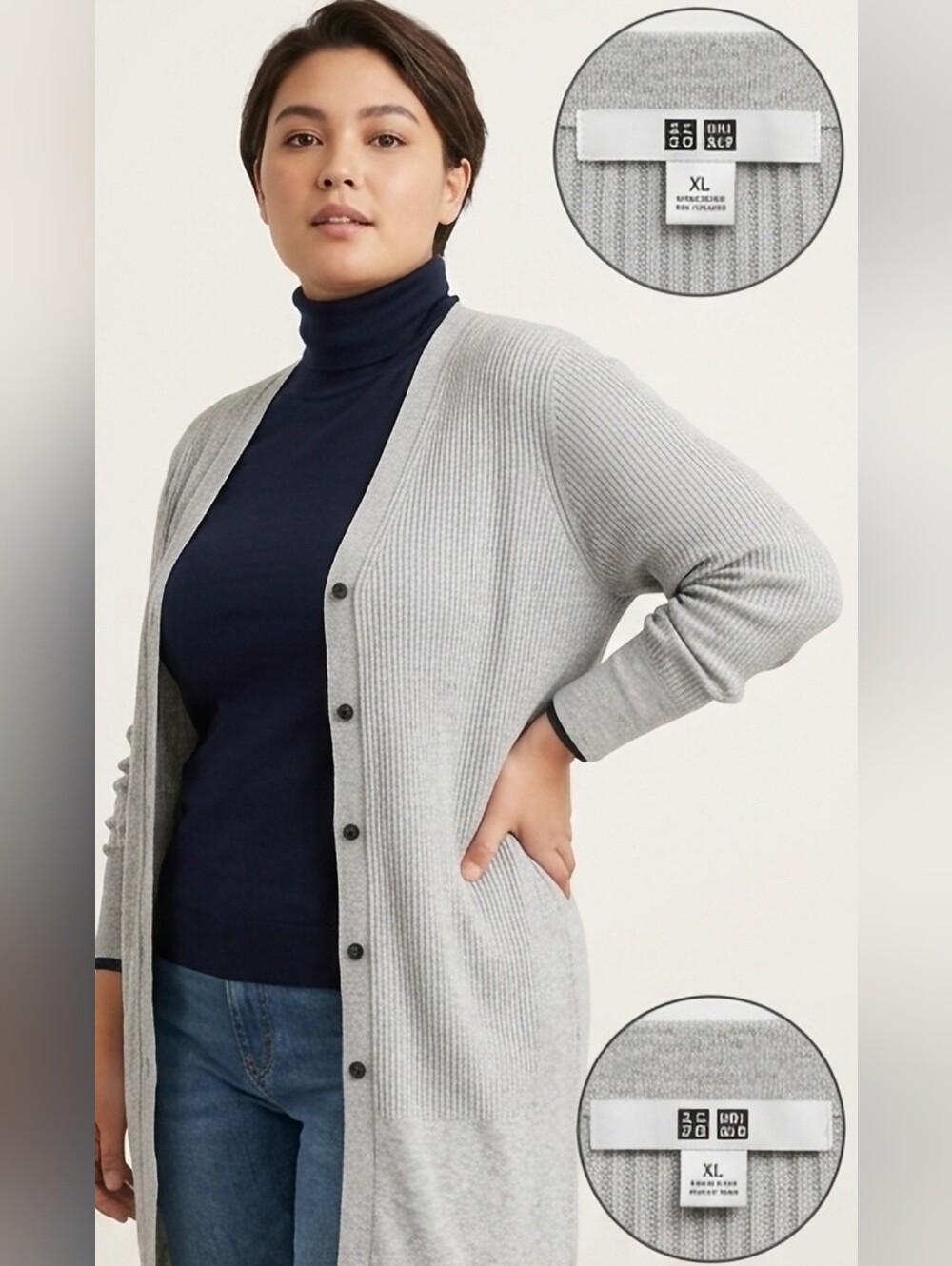 UNIQLO Light Gray Ribbed Long Cardigan Sweater - XL New, Without Tag
